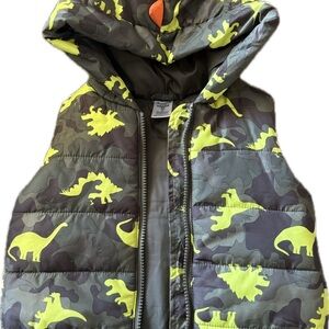 Kids Dinosaur Puffer Vest, size 2T, zippered front, green w/orange hood spikes